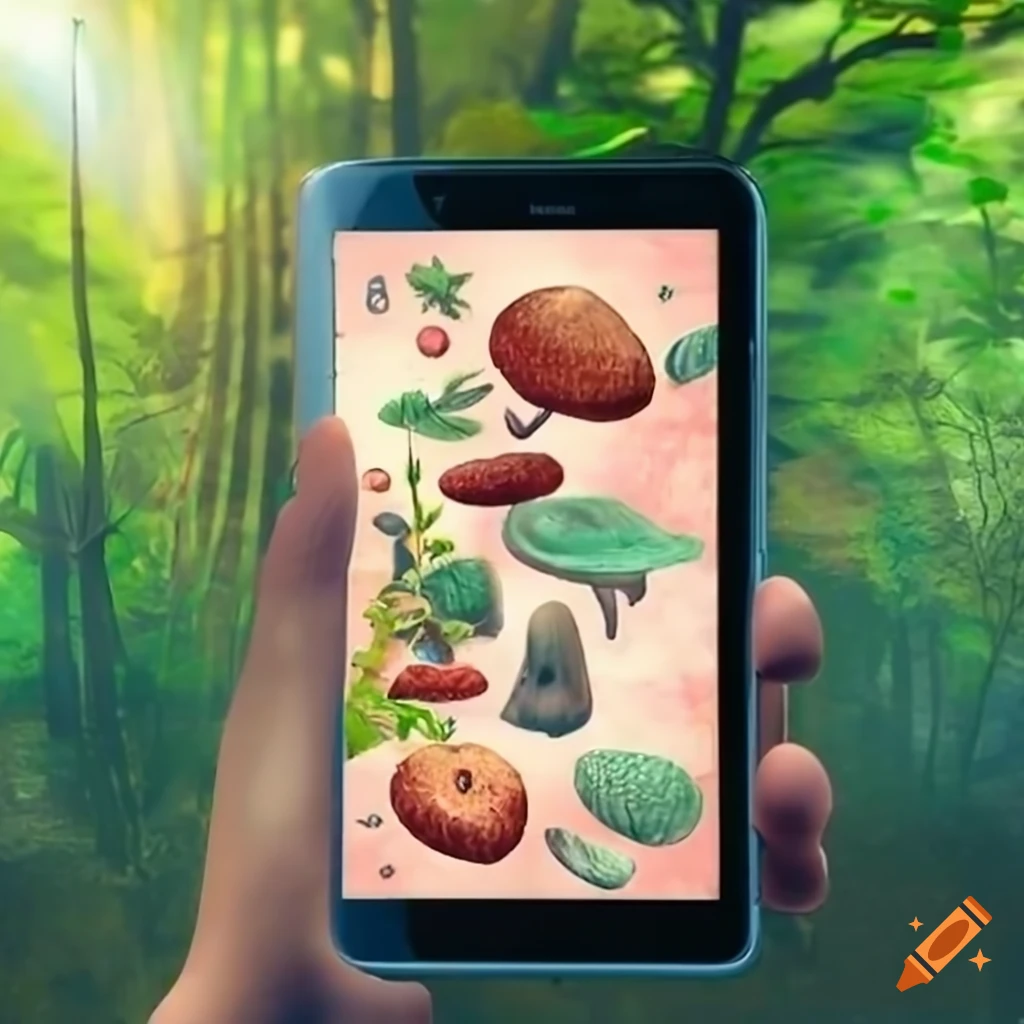 Smartphone scanning nature data with plant leaves, berries, and mushrooms