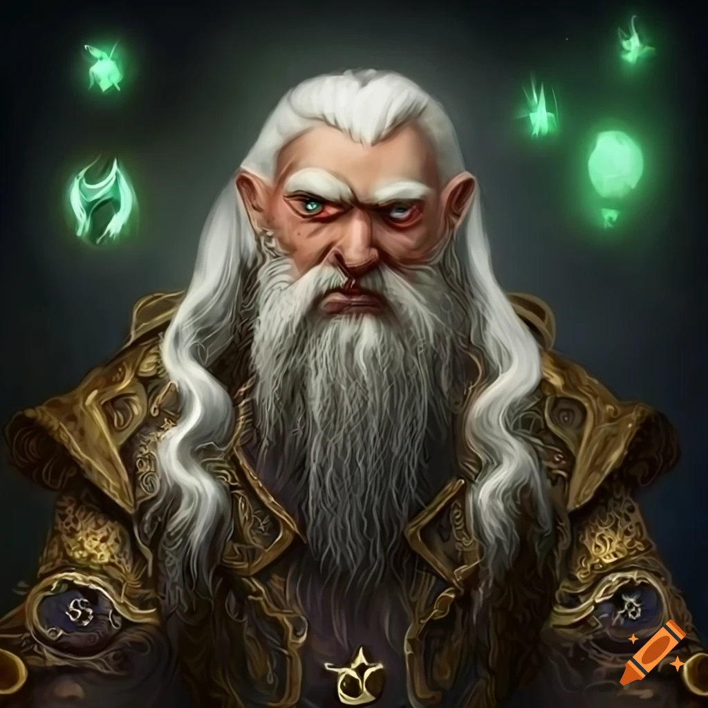 Mystical dwarf sorcerer surrounded by arcane symbols and mist
