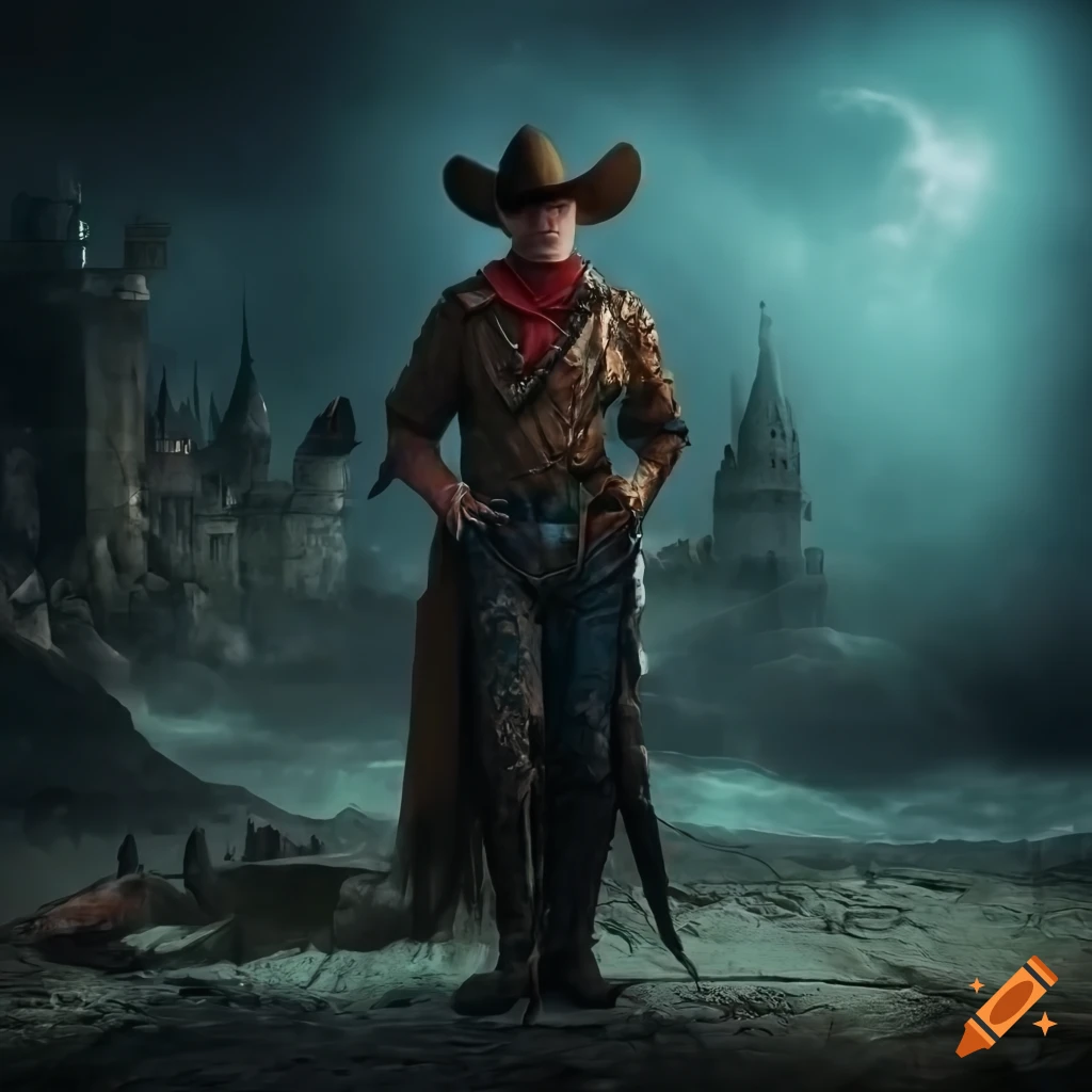 Cowboy in dark fantasy world with castle and dragon in background, high definition
