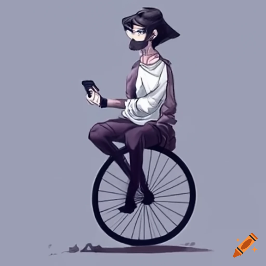 Hipster riding a penny farthing bicycle while holding a cell phone