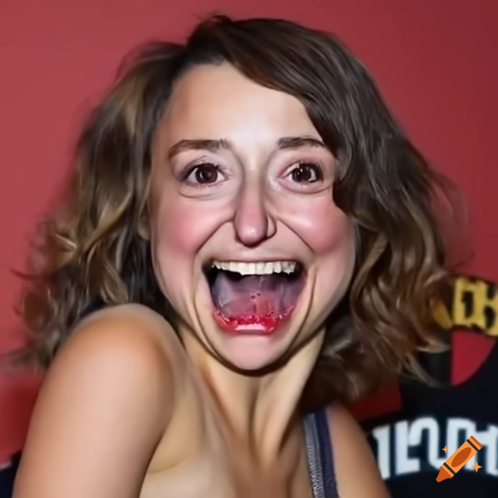 Scared laughing face of Milana Vayntrub with mouth wide open