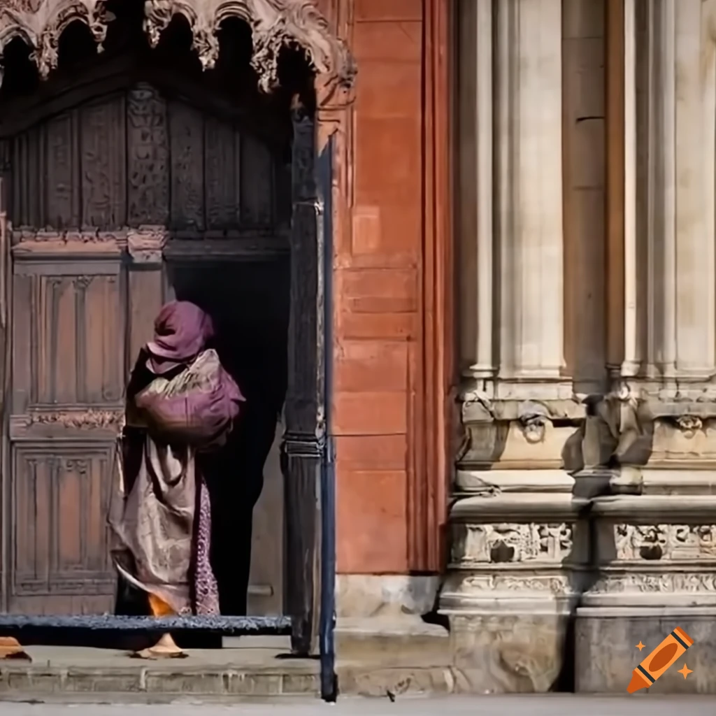 Person standing in front of a palace gate