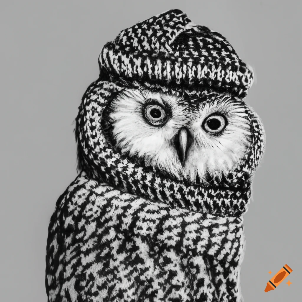 Owl wearing a sweater and knit hat in a black and white illustration