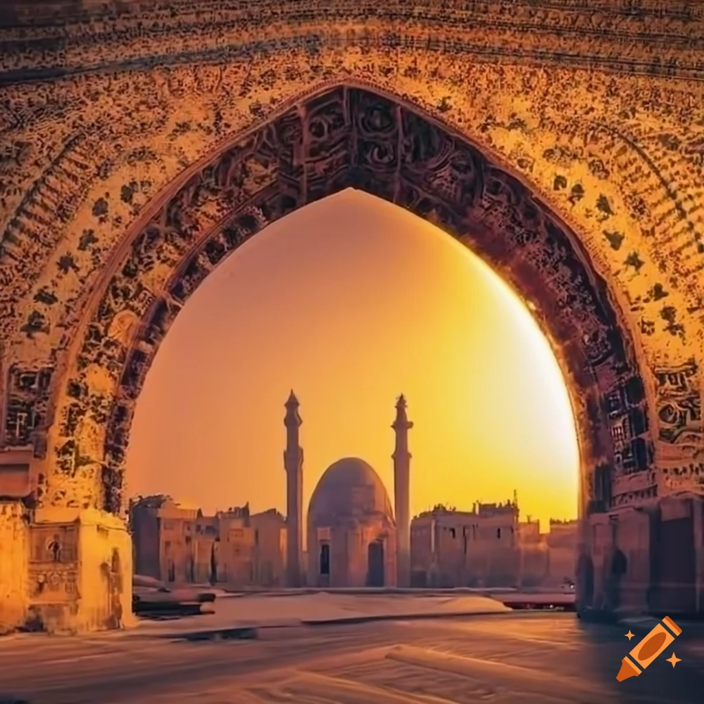 Warm sun behind a colorful fractal arc in ancient Cairo