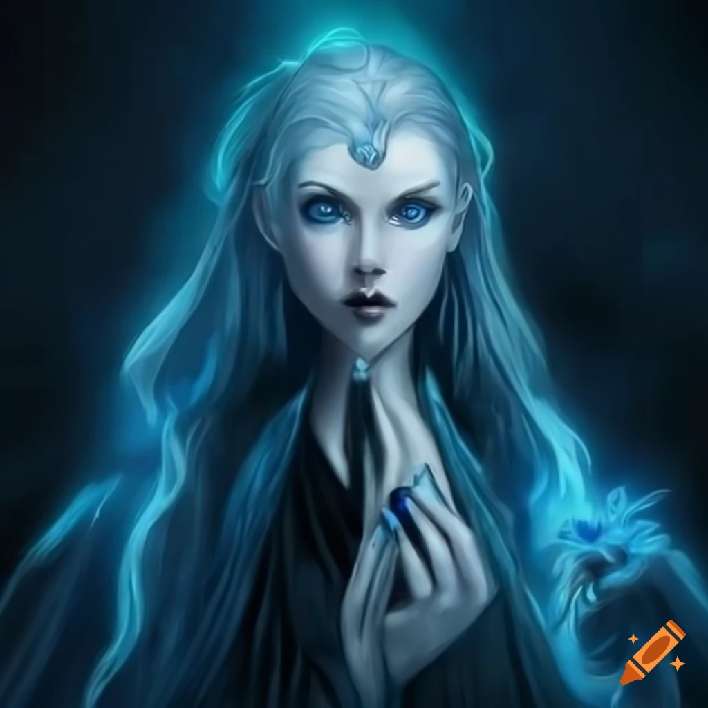 Death Sorcerer with long white hair and blue eyes in an enchanted land