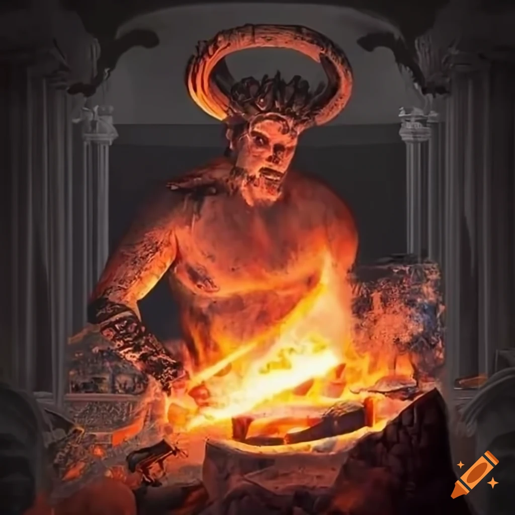 Mythological Greek deity Hephaestus working in a fiery forge with molten metal