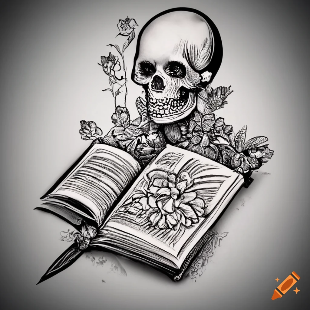 Skeleton reading a book with a dagger sprouting flowers tattoo design