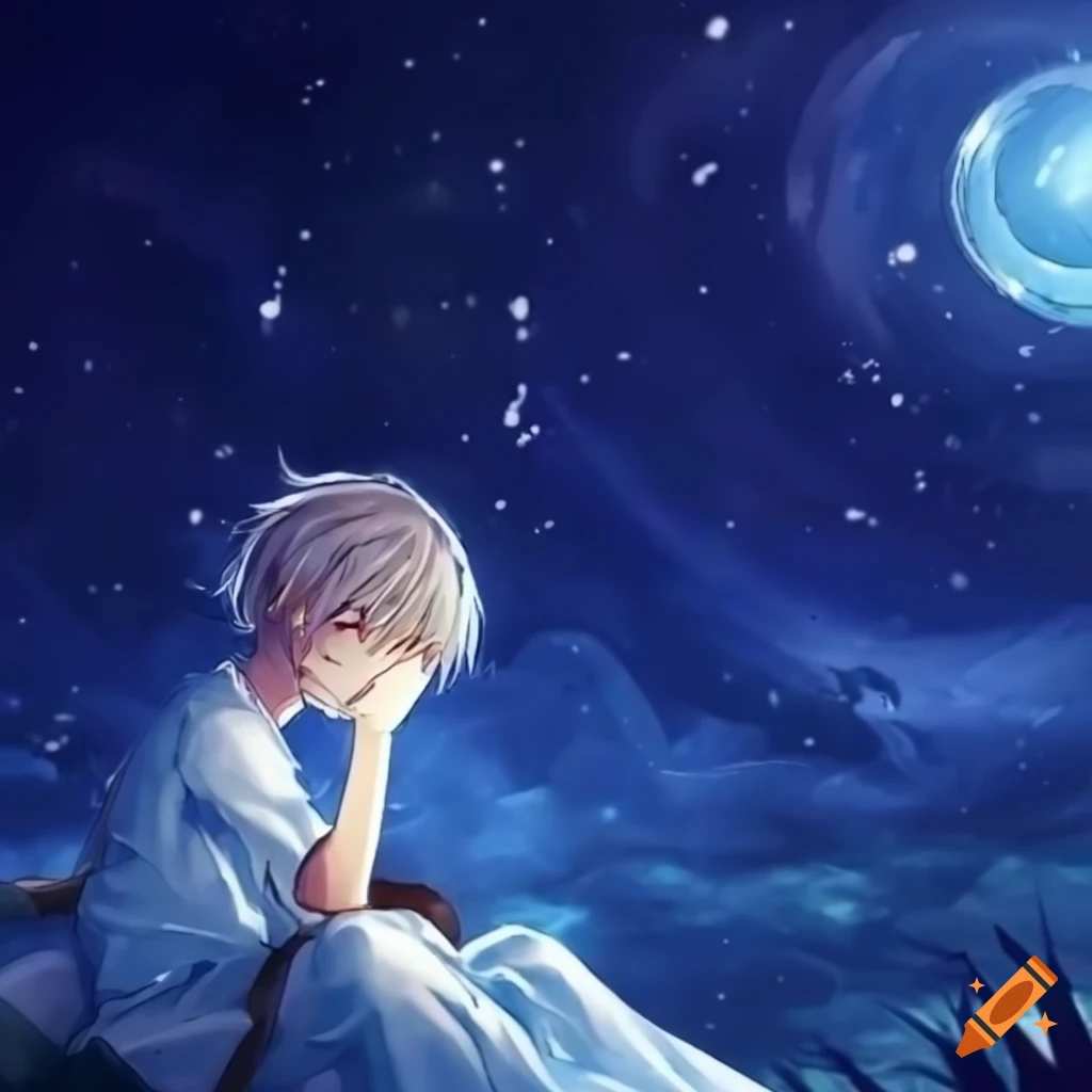 Sleeping anime boy gazing at the night sky