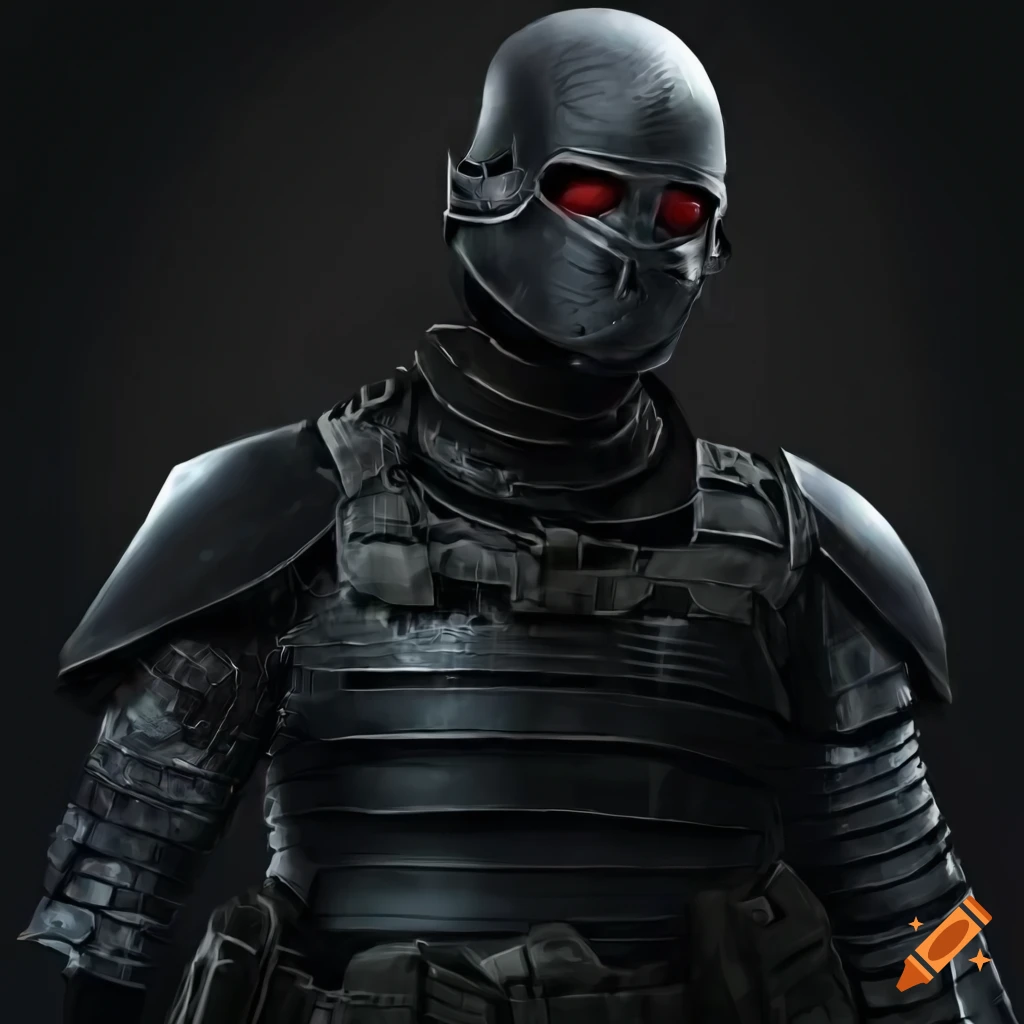 Black-clad imposing male soldier with red eyes