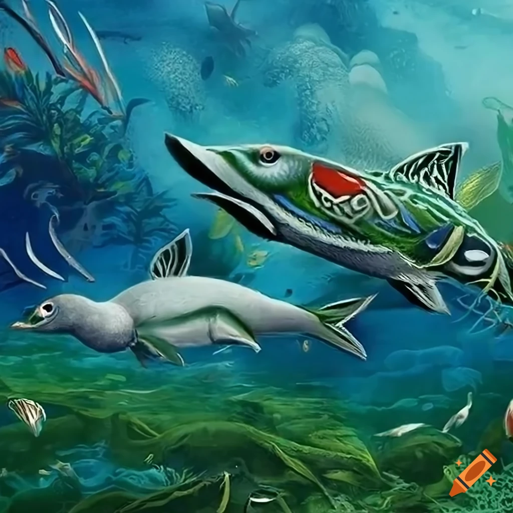 Underwater panorama with waterfowl, fish, and aquatic plants in Celtic and Salish designs