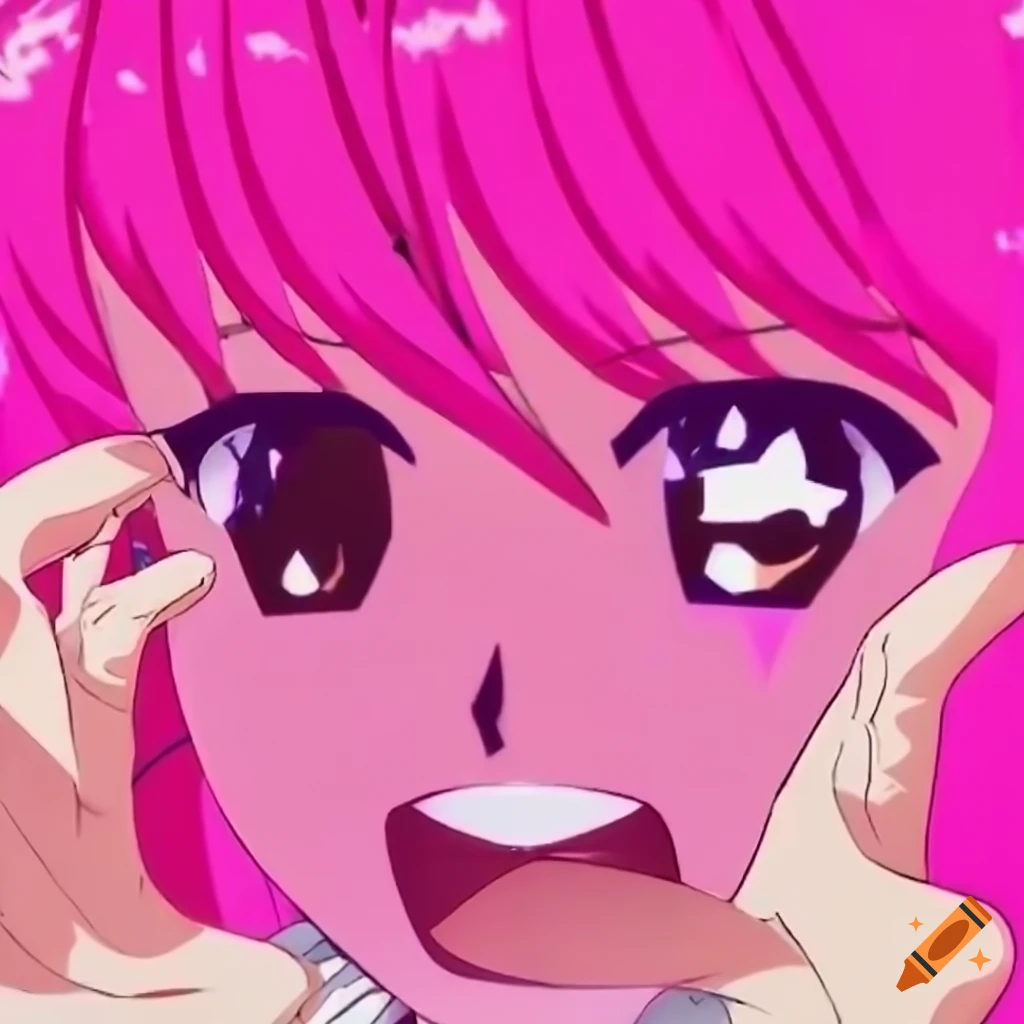 Shiny 3D pink diamond with anime-style Japanese text