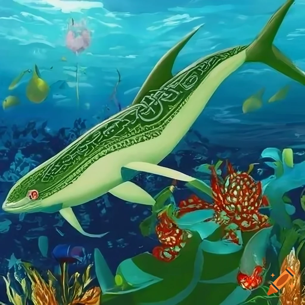 Underwater panorama with aquatic plants and marine animals in Celtic and native Salish designs by Jim Fitzpatrick and Remedios Varo