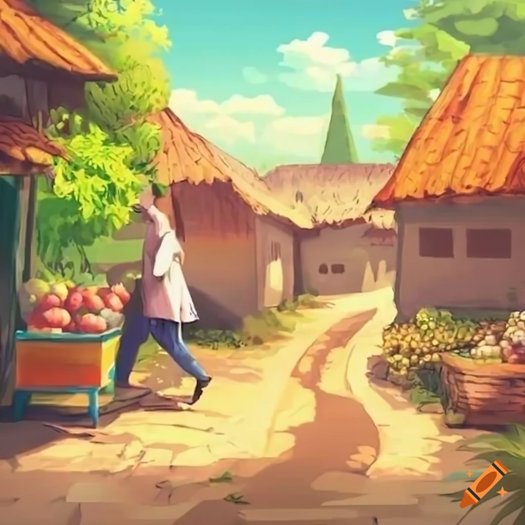 Village road with a fruit seller