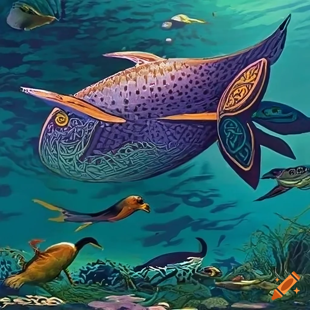 Underwater panorama of waterfowl, fish, and aquatic plants in Celtic and Salish designs