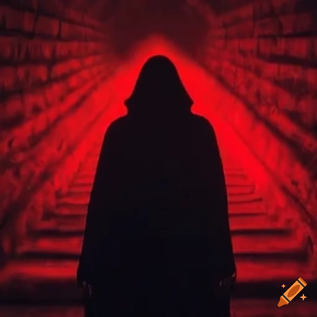 Person in dark red hall encountering an ancient god