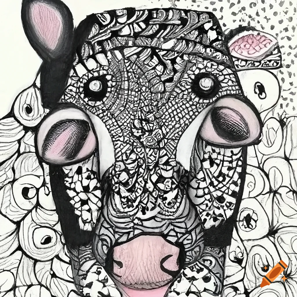 Zentangle black and white painting depicting the artist as a cow in a thoughtful scene