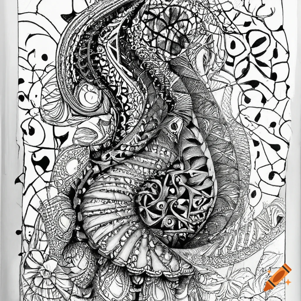 Zentangle artwork illustrating introspection and self-discovery in black and white