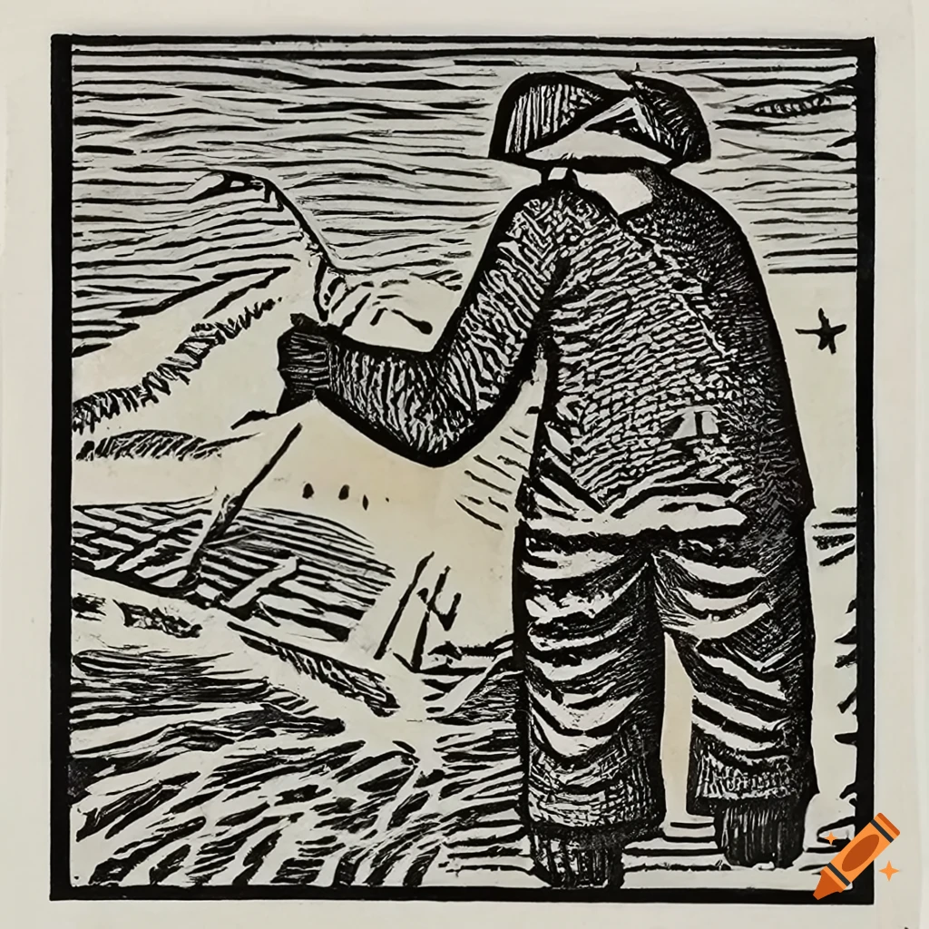 Traditional woodcut print of an elderly farmer
