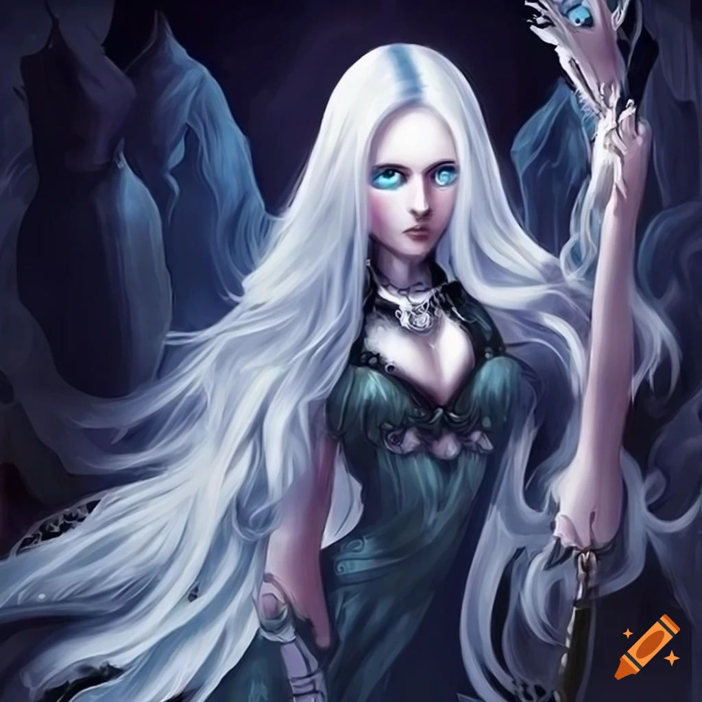 Death Sorcerer with white hair and dress in an enchanted land