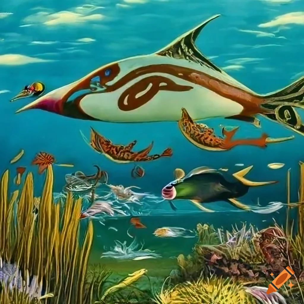 Underwater panorama with waterfowl, fish, and aquatic plants in Celtic and native Salish designs