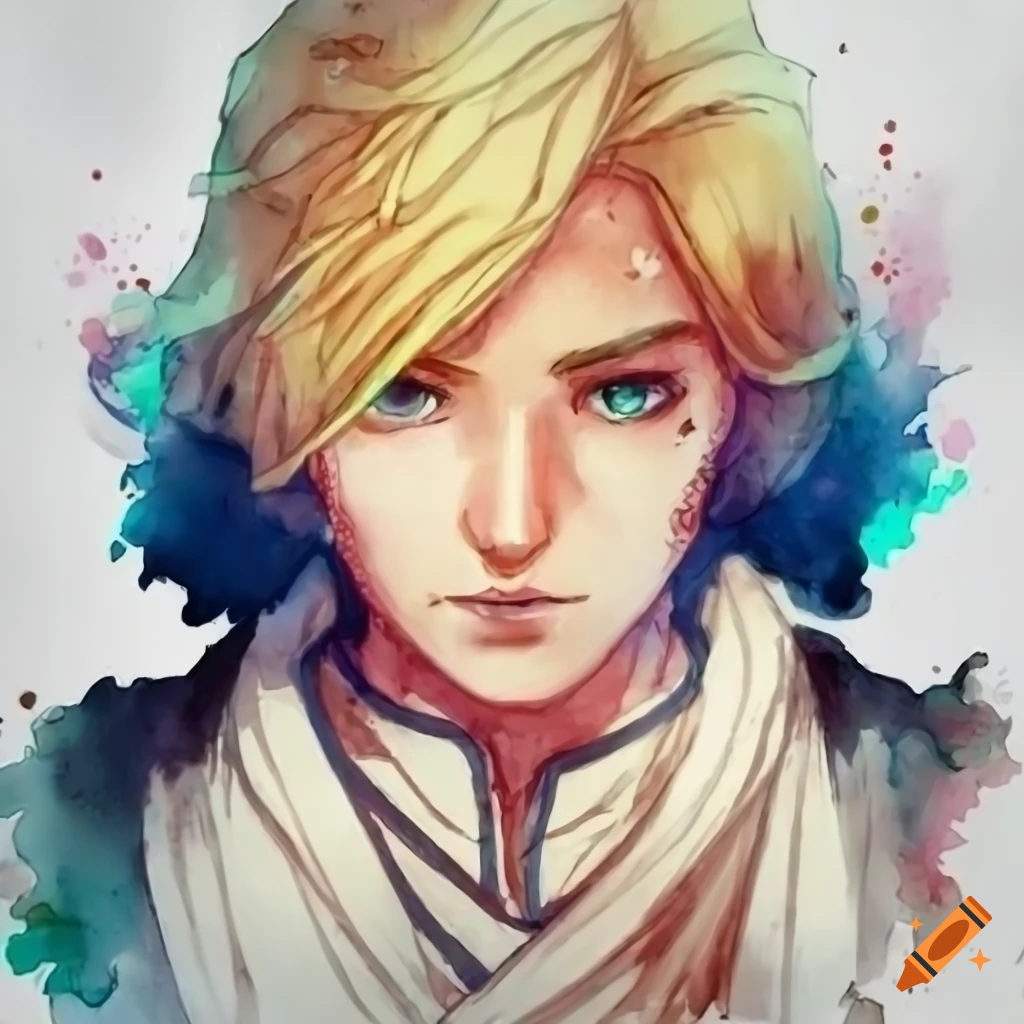 Anime style young male cleric with short blond hair looking serious