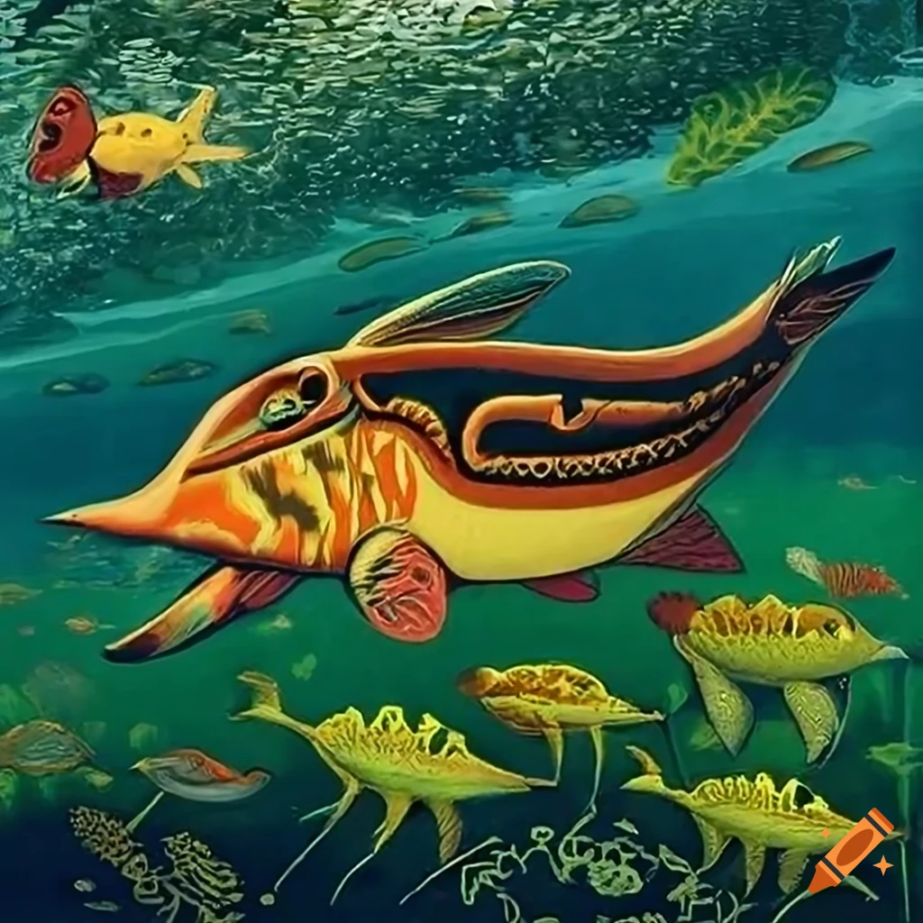 Underwater panorama of waterfowl, fish, and aquatic plants in Celtic and Salish designs