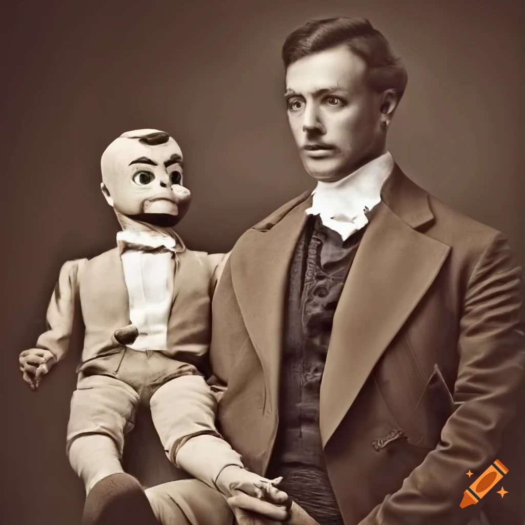 Victorian ventriloquist with dummy in sepia style