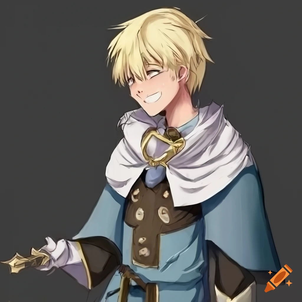 Anime style young male cleric with short blond hair looking serious
