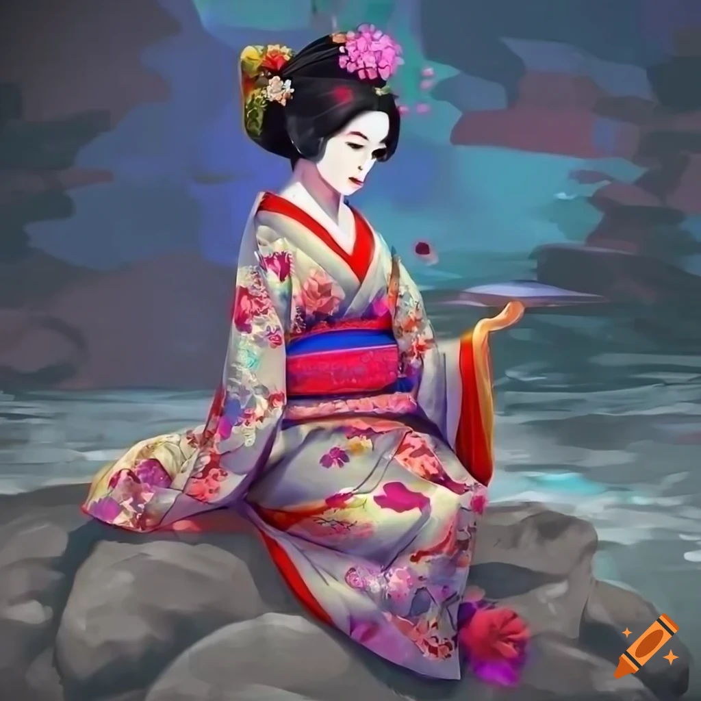 Traditional Asian geisha in colorful attire seated on a stone