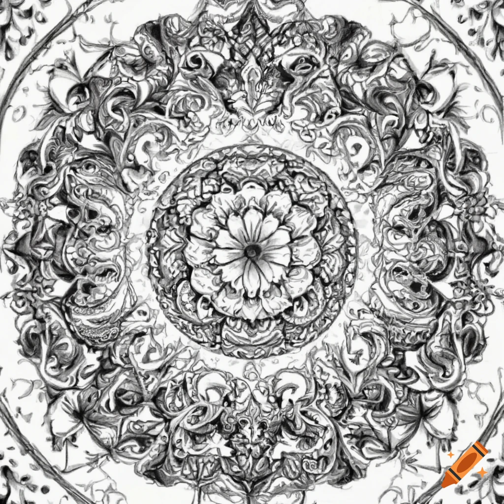 Detailed mandala rose coloring page in black and white