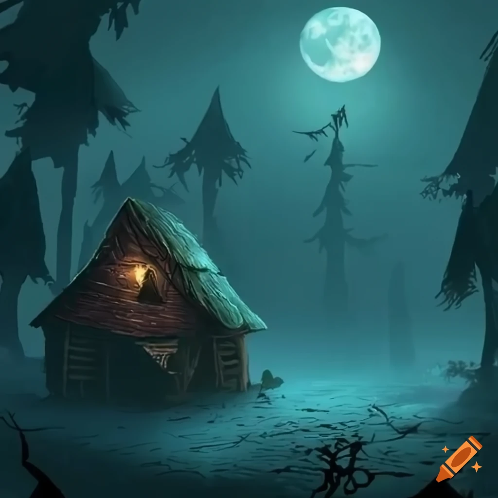 Dark misty forest with moonlight and twisted trees surrounding a small hut