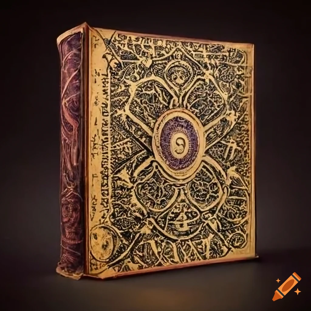 Intricately decorated antique book with cryptic runes on its cover