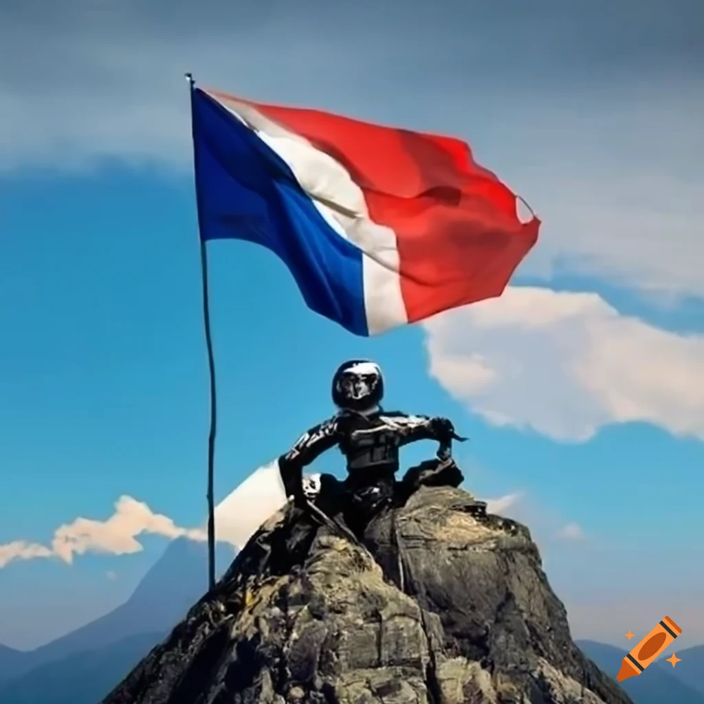 French motorcyclist waving a flag on a mountain peak