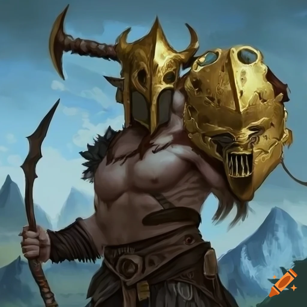 Barbarian with black greataxe in fighting pose against mountain backdrop