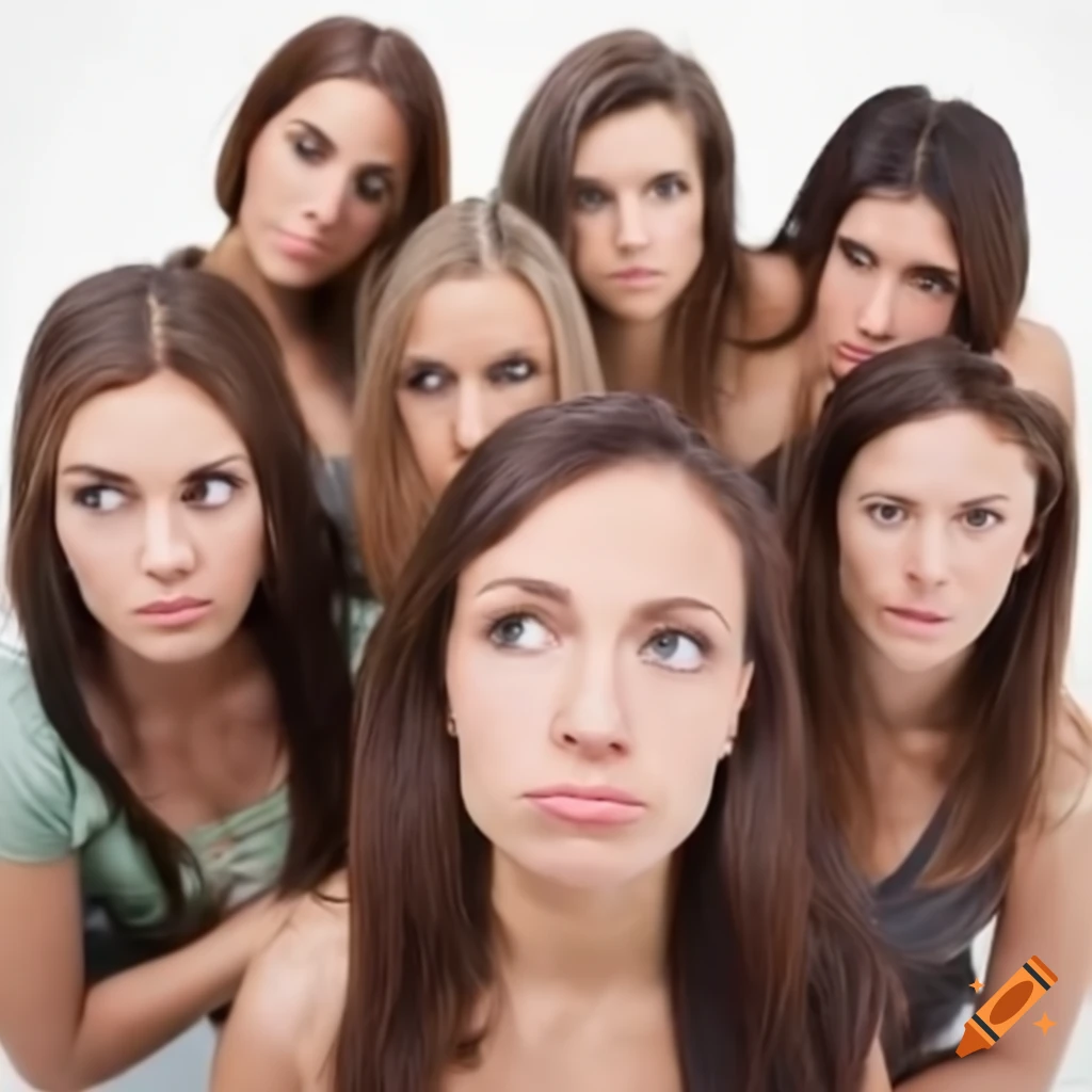 Brunette woman looking bored in a group photo