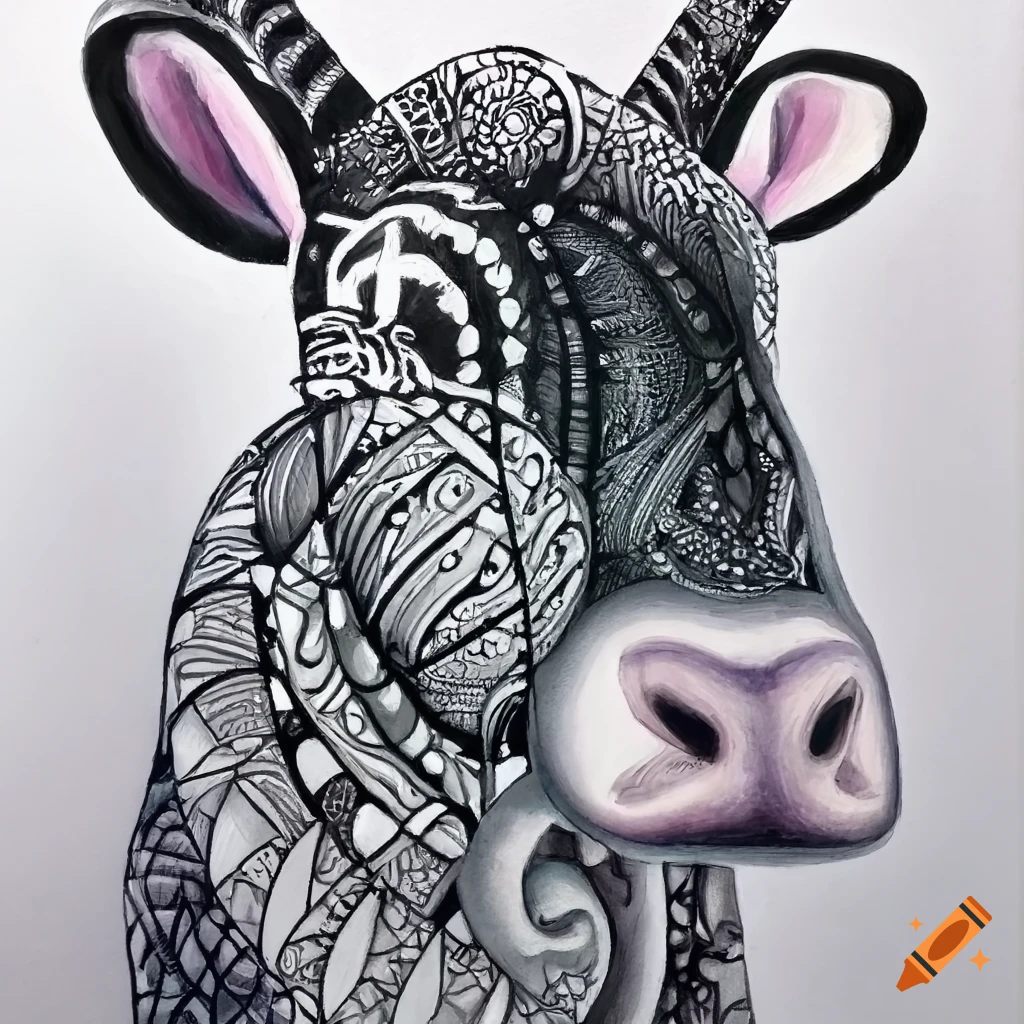 Zentangle black and white painting depicting the artist as a cow in a thoughtful scene
