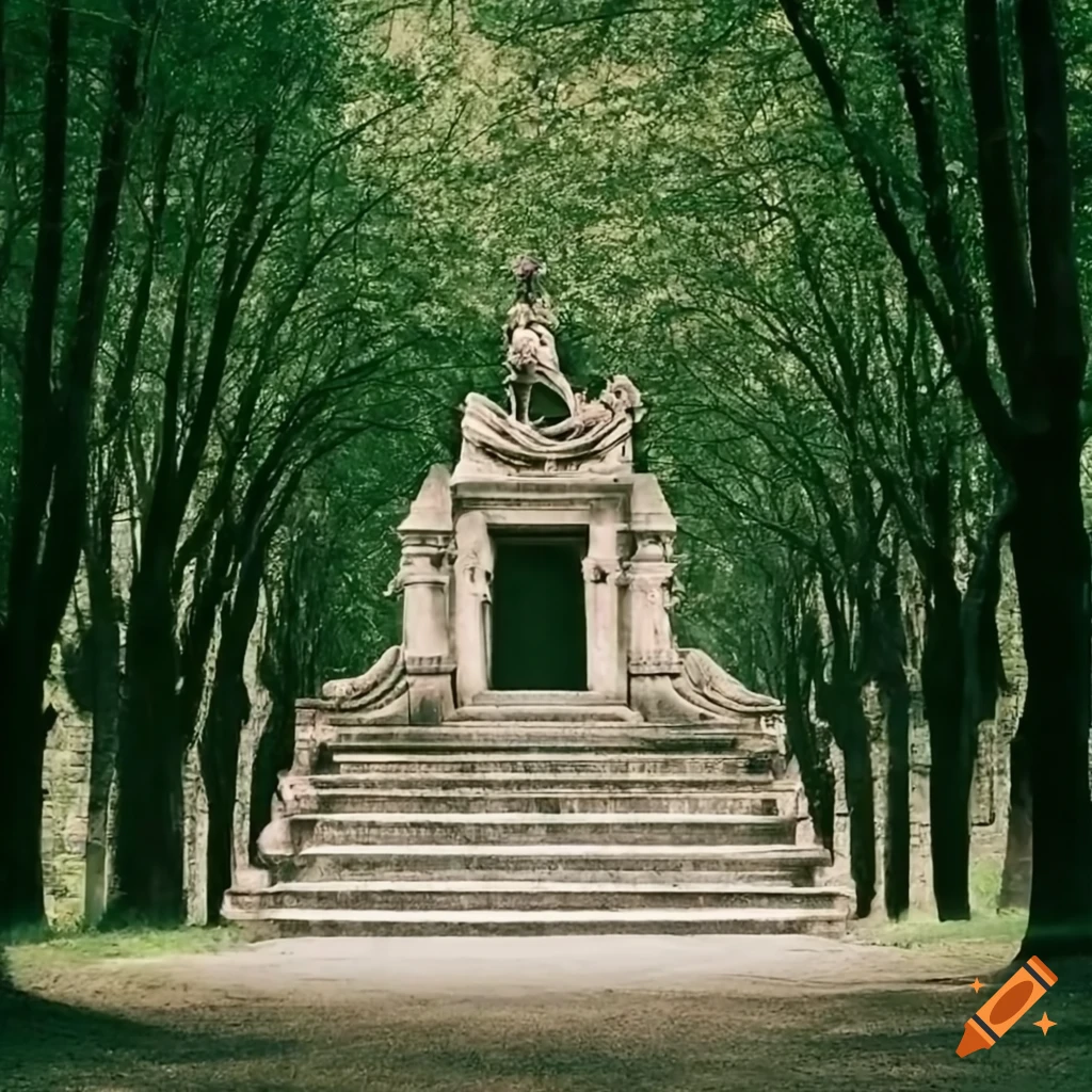 Intricately carved equestrian tribute stone monument in a tree-lined alley