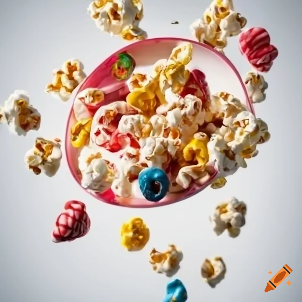 Flying candy cereal and popcorn on white background