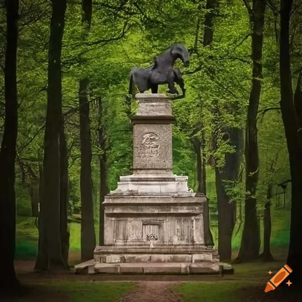 Stone monument with a horse wearing a helmet surrounded by trees and fountains