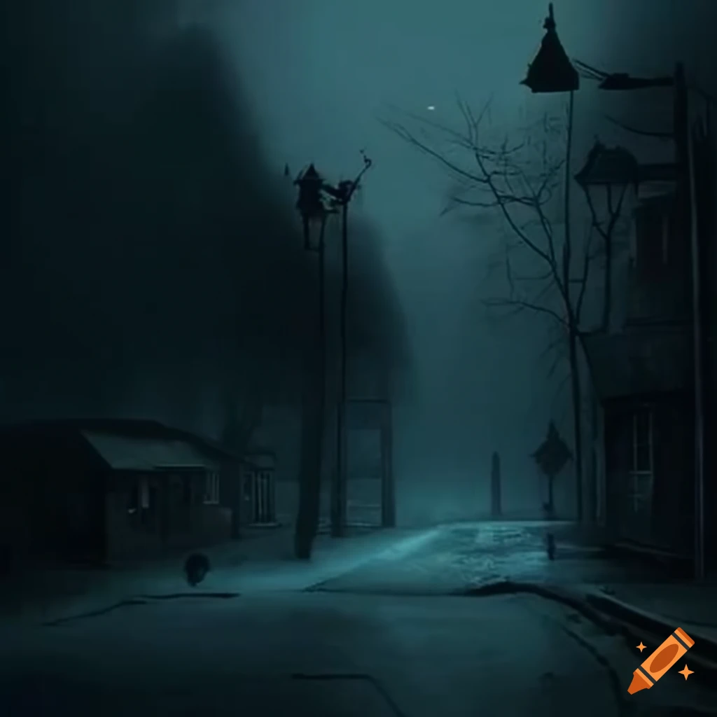 Gloomy evening in a small town with empty streets