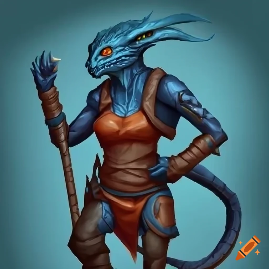 DND Dragonborn butcher with blue skin and orange eyes