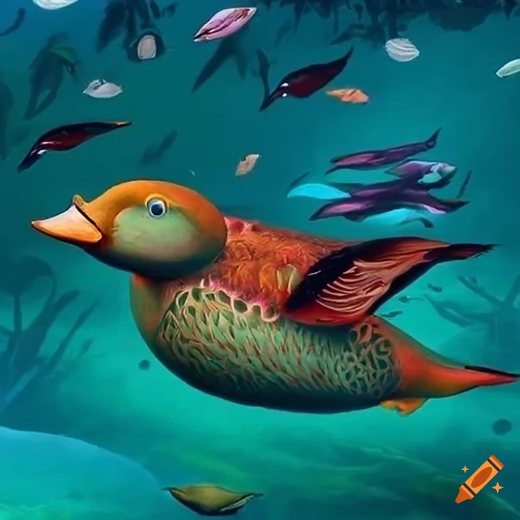 Underwater panorama of waterfowl, fish, and aquatic plants in Celtic and Salish designs