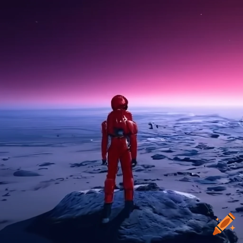 Alien planet landscape with red spacesuit, spaceship, and alien plants