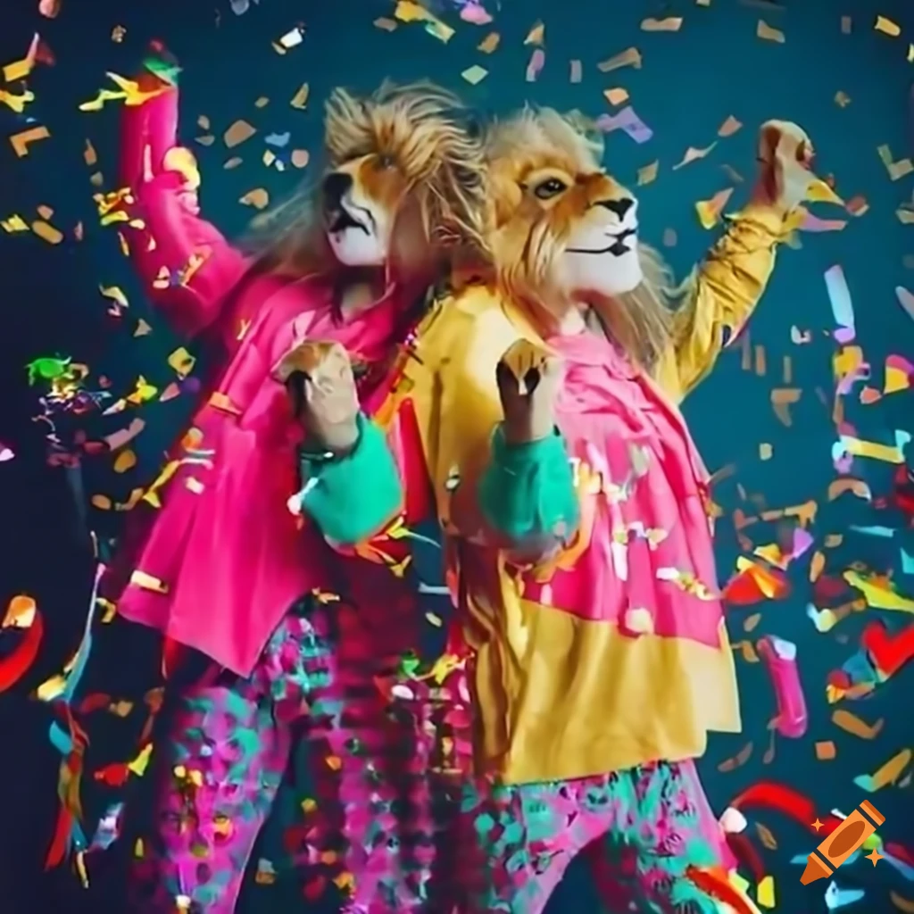 Lions in 80's outfits dancing at a party with confetti