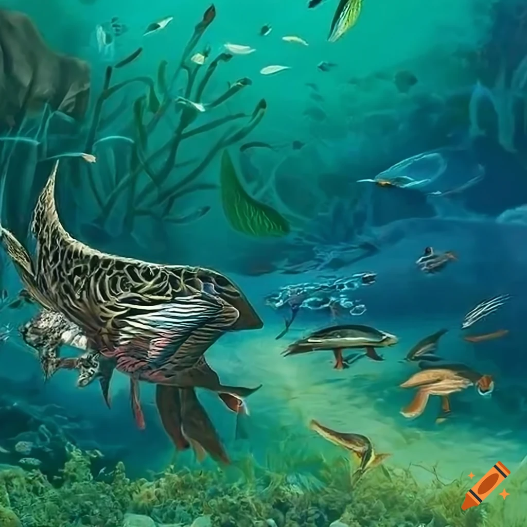 Underwater panorama with waterfowl, fish, and aquatic plants in Celtic and Salish designs