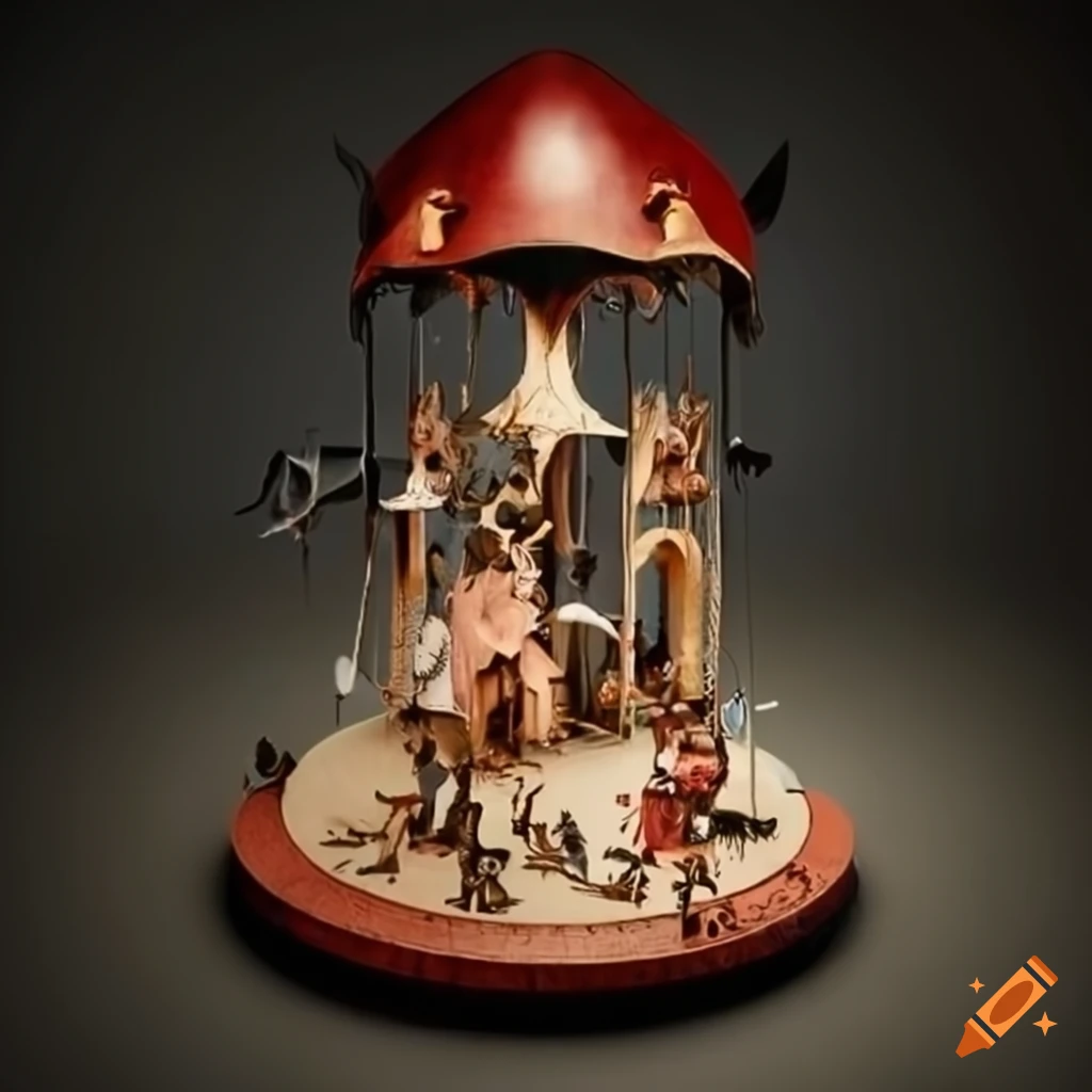 Intricate and imaginative carousel inspired by Hieronymus Bosch's surreal art