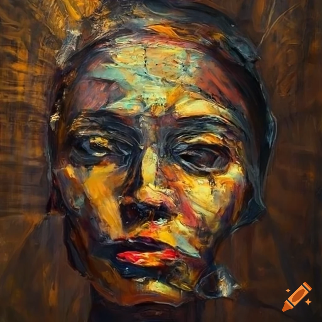 Abstract expressionistic portrait oil painting on a scratched wood ...
