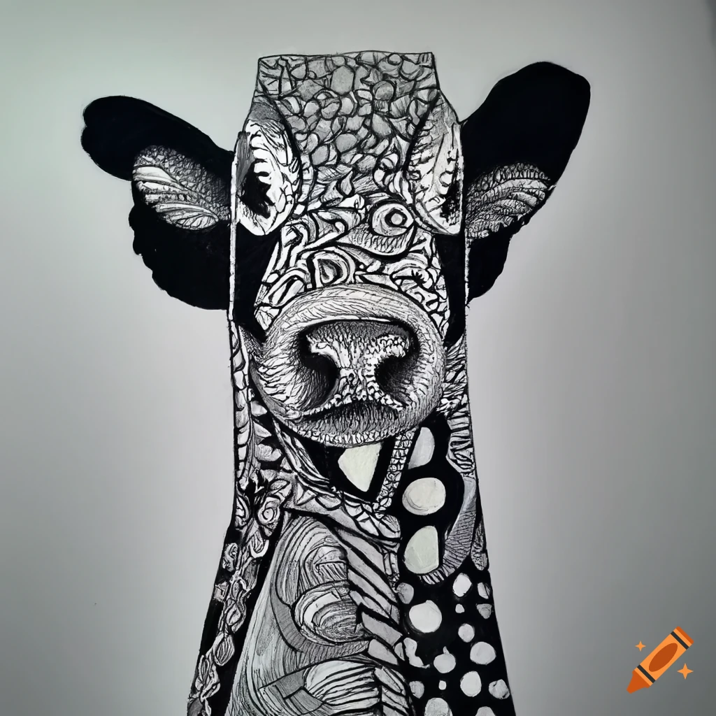 Zentangle black and white painting depicting the artist as a cow in a thoughtful scene
