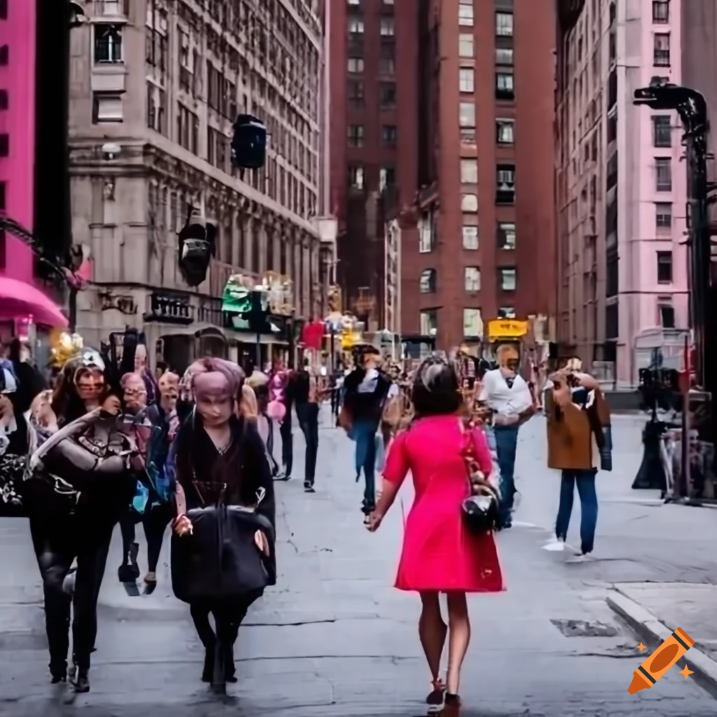 Girl walking through busy city with a pink and red theme