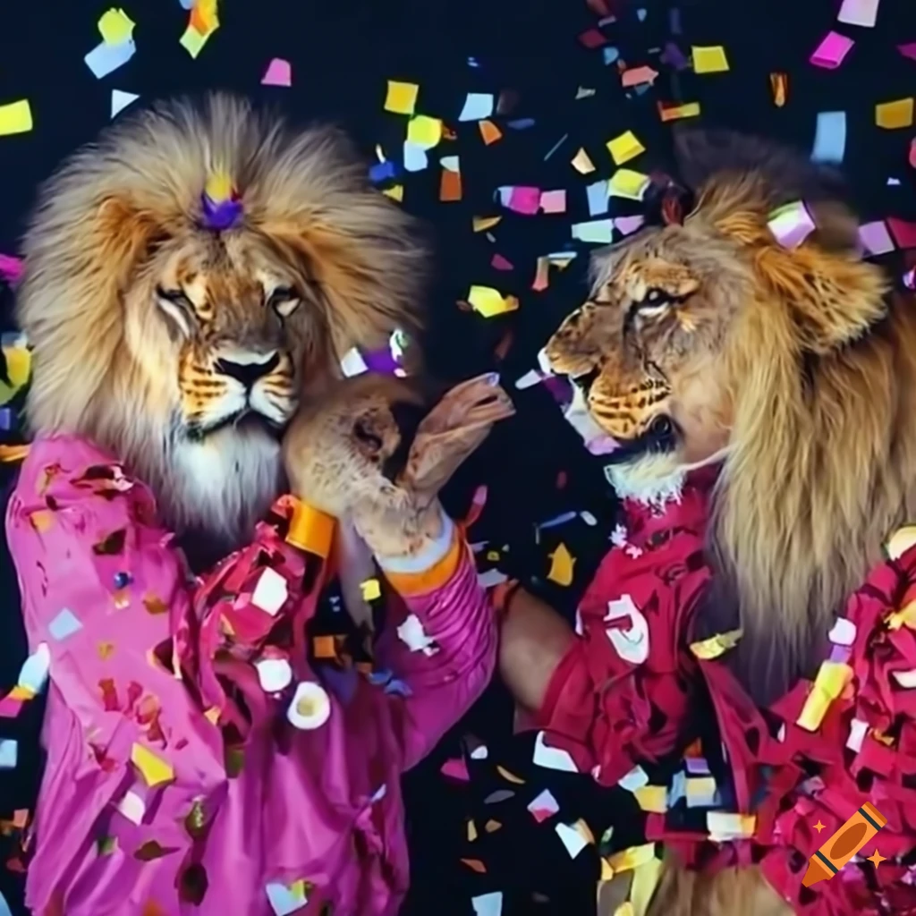 Lions in 80's outfits dancing at a party with confetti
